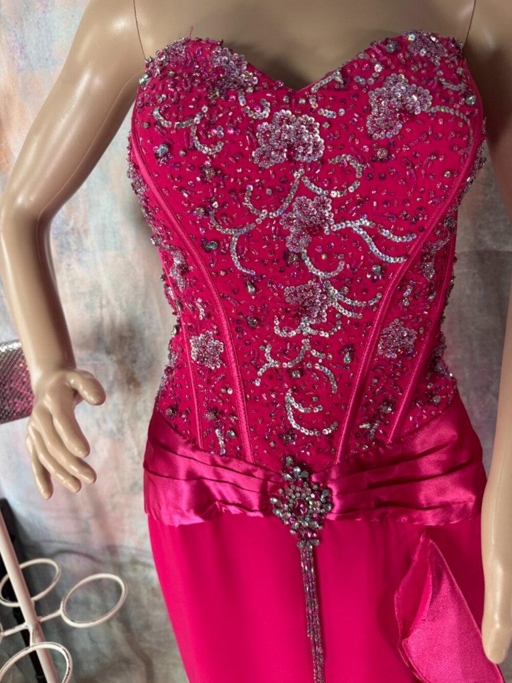 📌Fiesta Hot Pink Strapless Beaded Bodice & Ruffled Slit Formal - Prom Gown - Picture 2 of 15